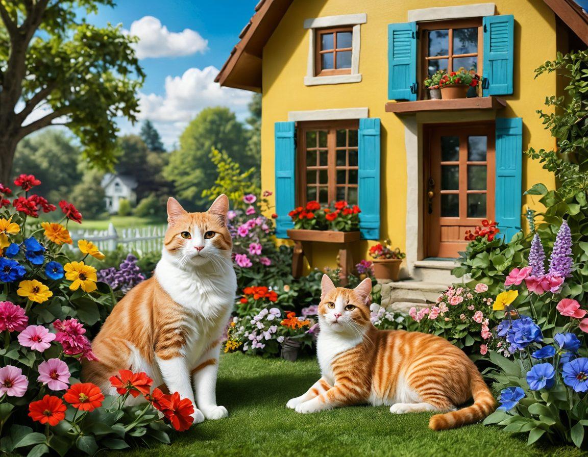A whimsical scene of a cozy cottage filled with playful cats engaging in various activities like chasing butterflies and lounging in sunny spots. Include vibrant flowers in bloom and soft, warm sunlight filtering through the windows, creating an inviting atmosphere. Add playful paw prints leading to a small garden with cat-friendly toys. Illustrate a sense of joy and companionship between the feline friends. super-realistic. vibrant colors. soft focus.
