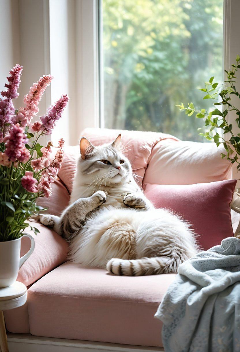A serene setting featuring a cozy, sunlit room with plush cushions where a fluffy cat lounges playfully amidst scattered flowers, accentuating a whimsical and intimate atmosphere. The cat's fur glistens with vibrant hues and the sunlight casts soft shadows, enveloping the scene in warmth and tranquility. Elements like a steaming cup of tea and a soft blanket add to the intimate vibe. pastel colors. soft focus. 3D.