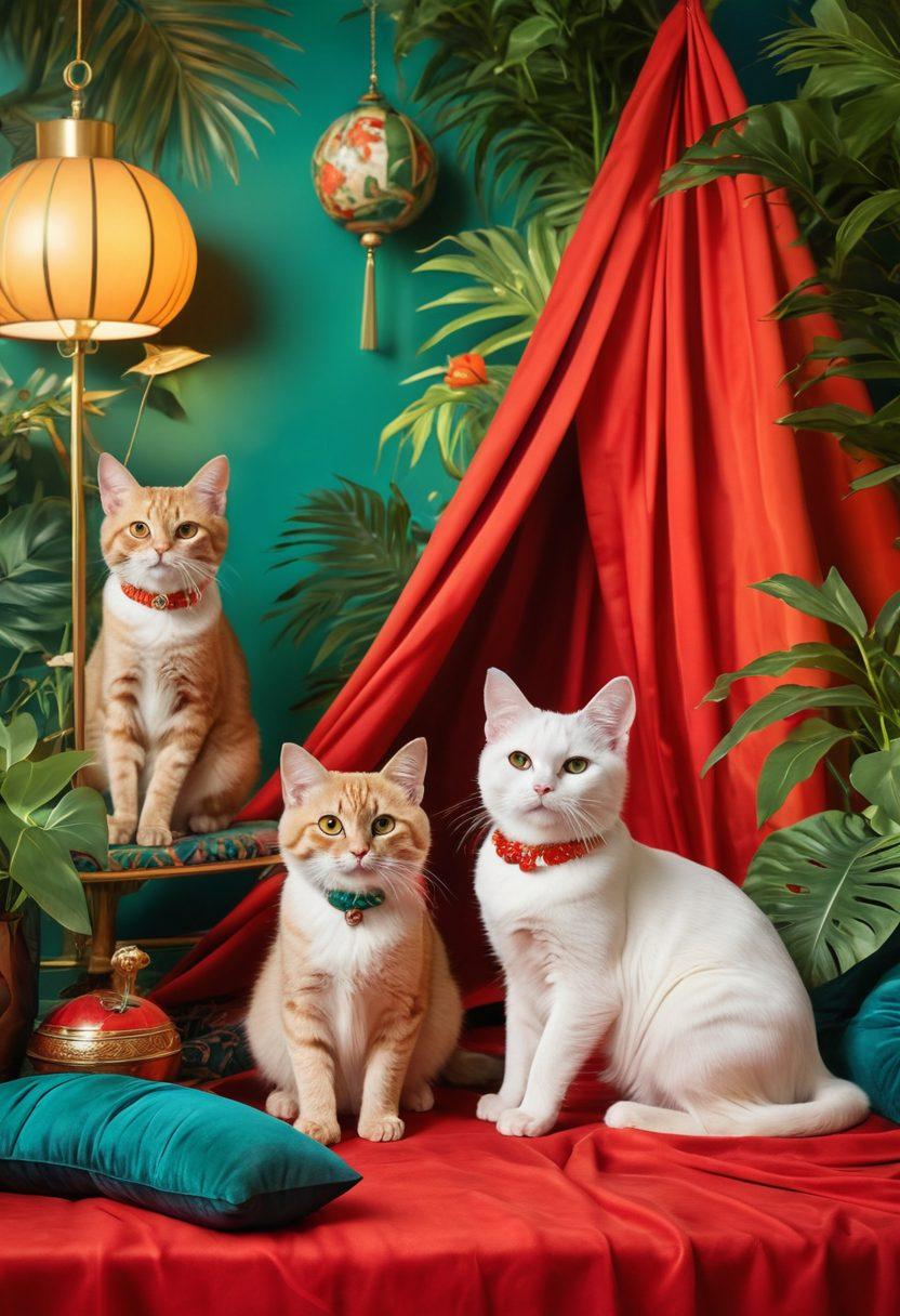 A whimsical scene depicting playful cats engaged in mischievous antics, surrounded by vibrant, oversized toys and luxurious fabrics. Soft, seductive lighting enhances the atmosphere, inviting a sense of intrigue and desire. The cats are playfully interacting, with hints of fantasy elements such as feathered masks and sparkling collars. Lush greenery envelops the background, creating an exotic environment. vivid colors. surreal art style.